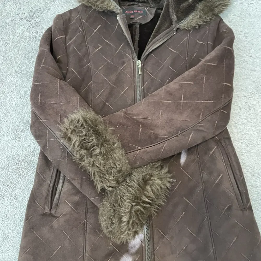 Y2K Faux Suede Fur Trim Hooded Coat Zip Up Women’s Medium 2000s VTG Brown Jacket - Picture 8 of 16